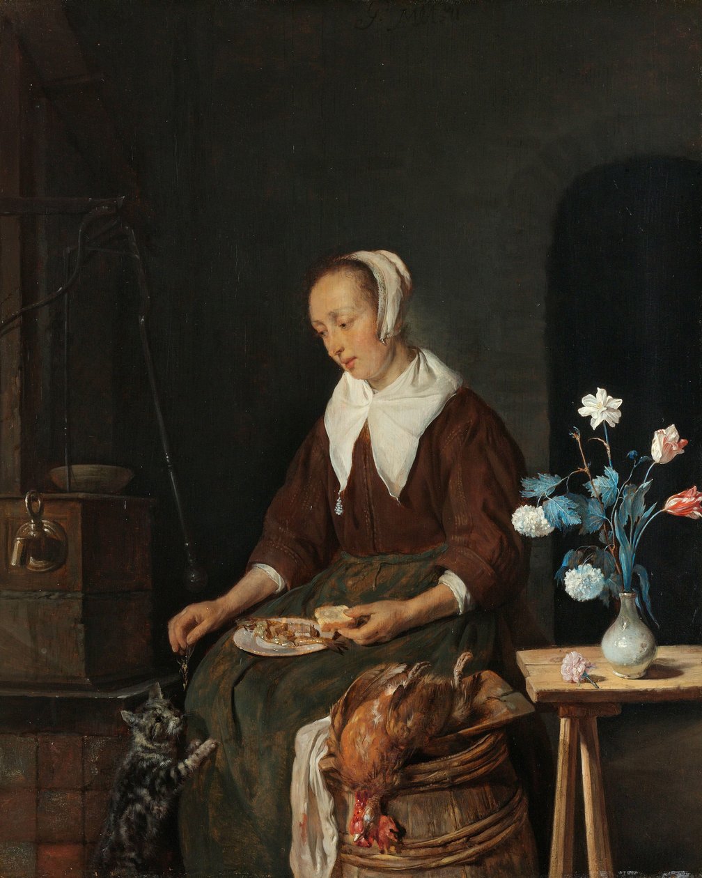 Kobieta jedząca, znana jako „Śniadanie kota” Kobieta jedząca posiłek, znana jako „Śniadanie kota” autorstwa Gabriel Metsu