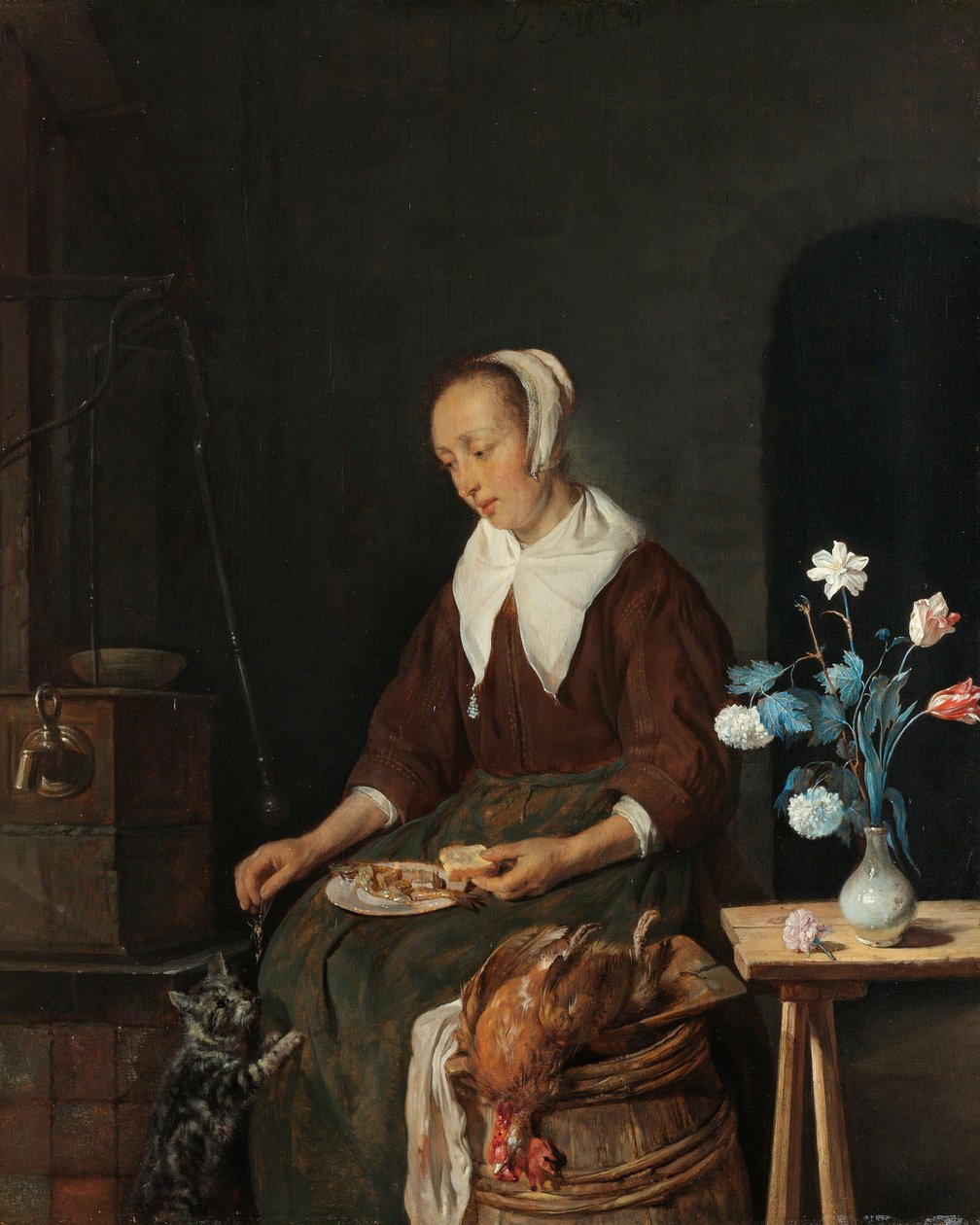 Kobieta jedząca, znana jako "Śniadanie kota", ok. 1661-64 (olej na płycie) autorstwa Gabriel Metsu