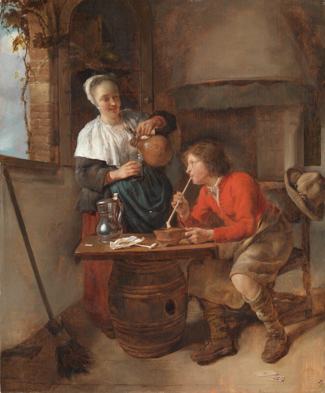 Młody mężczyzna palący i kobieta nalewająca piwo autorstwa Gabriel Metsu