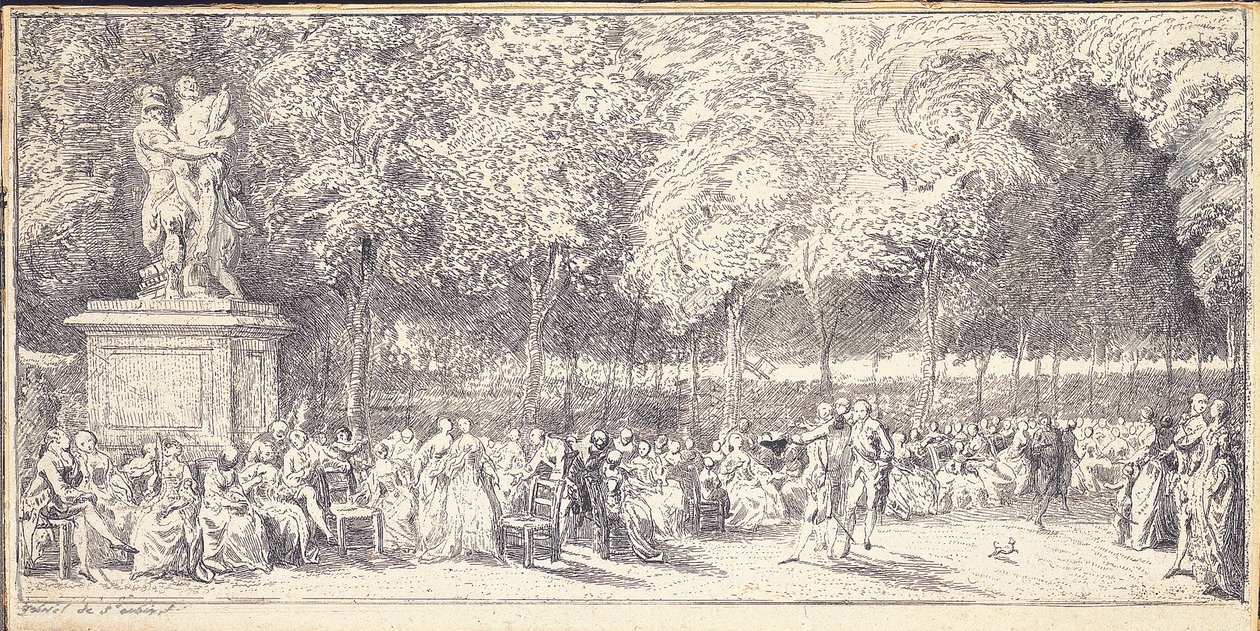 Spotkanie w Ogrodach Tuileries wokół posągu, 1760 autorstwa Gabriel de Saint Aubin