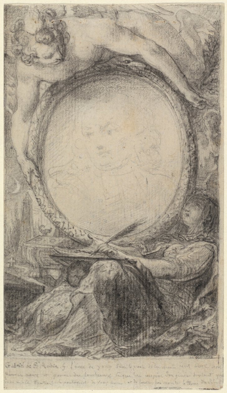 Alegoryczna rama z piszącym geniuszem i zasłoniętą kobietą, ok. 1769 (czarna kreda na papierze) autorstwa Gabriel de Saint-Aubin