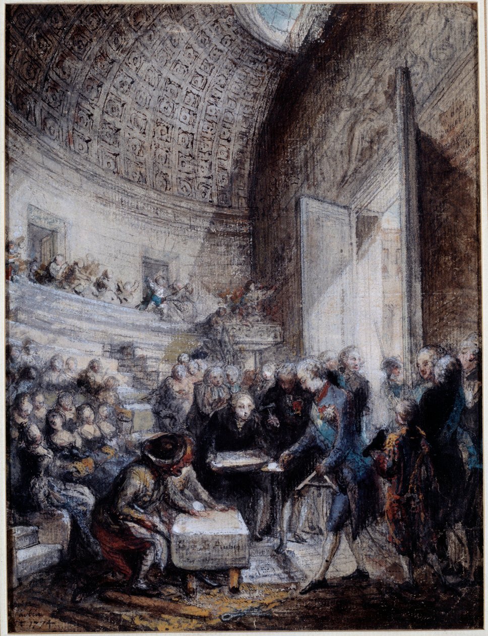 Inauguracja amfiteatru królewskiej szkoły chirurgii przez króla Ludwika XVI (1754-1793) 14.09.1774 Gwasz Gabriel de Saint Aubin (1724-1780) XVIII-wieczny Paryż, Musee Carnavalet autorstwa Gabriel de Saint Aubin