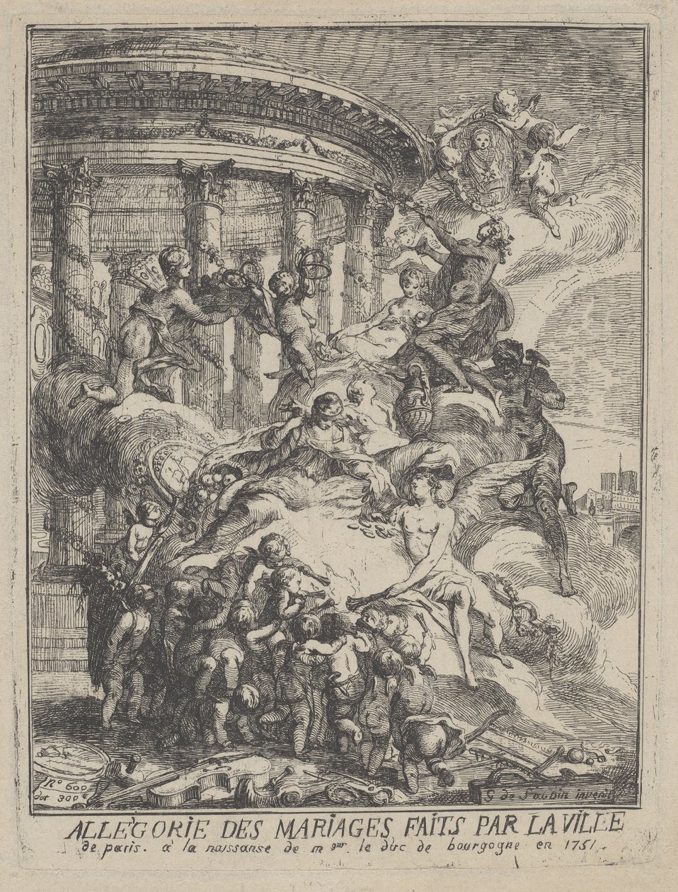 Alegoria małżeństw dokonanych przez miasto Paryż przy narodzinach księcia Burgundii, 1751 autorstwa Gabriel de Saint Aubin