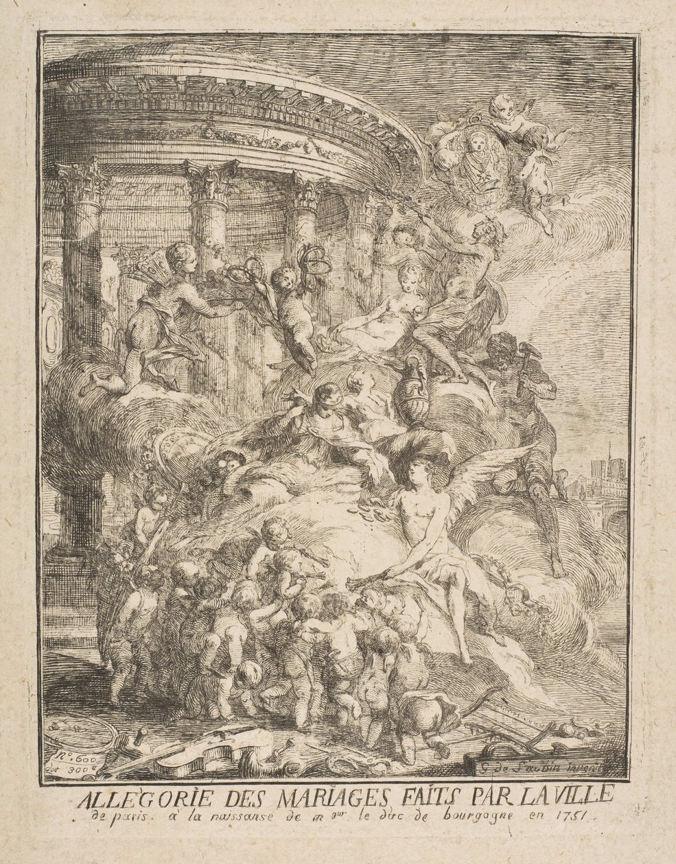 Alegoria małżeństw zawartych przez miasto Paryż przy narodzinach księcia Burgundii, 1752 r. autorstwa Gabriel de Saint Aubin