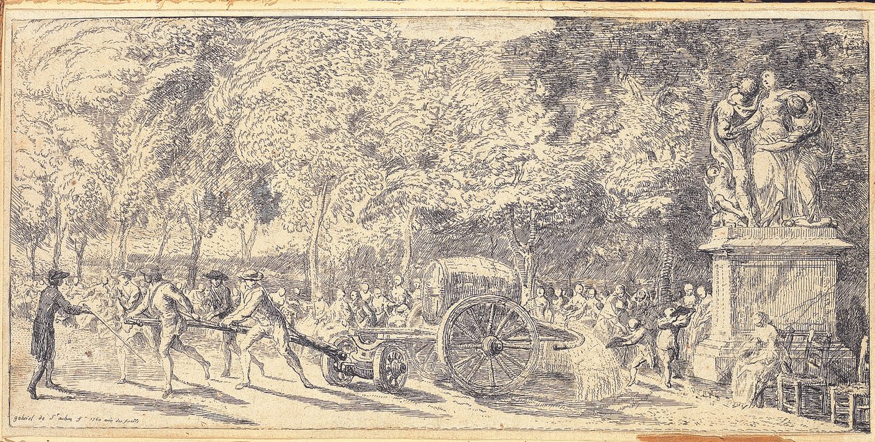 Figury ciągnące beczkę na wózku w Ogrodach Tuileries, 1760 autorstwa Gabriel de Saint Aubin