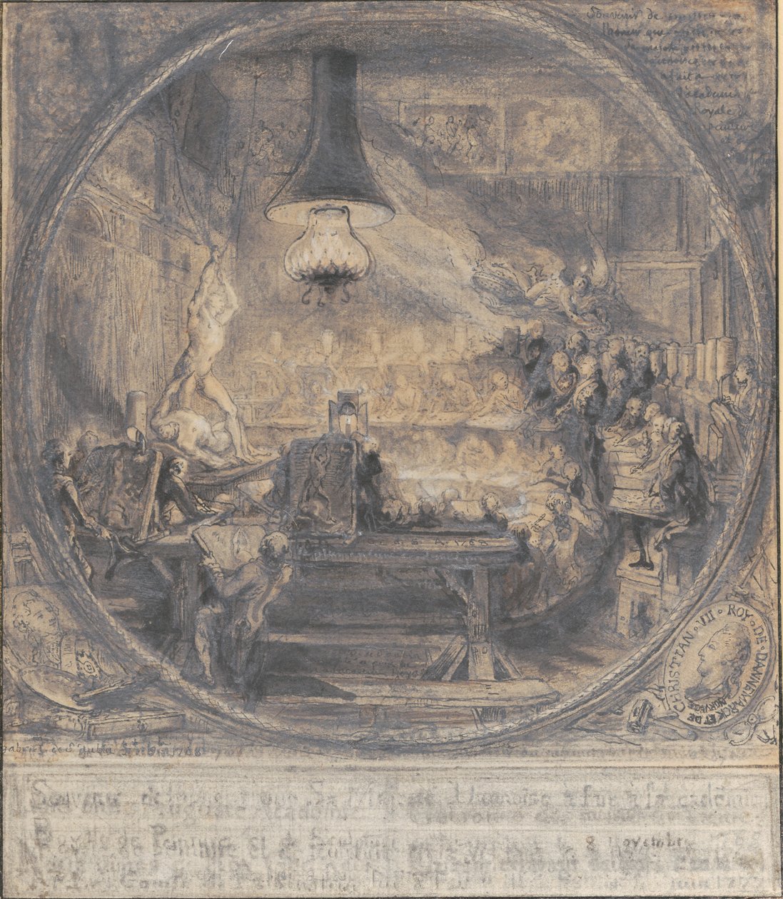 Wizyta króla Chrystiana VII w Det Kgl. Francuska Akademia Sztuk w Paryżu, 8 listopada. 1768. autorstwa Gabriel de Saint Aubin