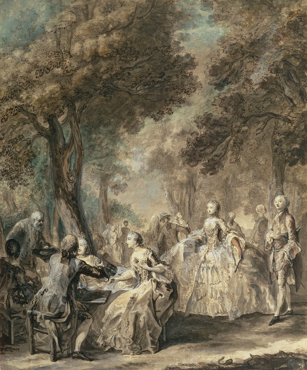 Paryżanie na spacer, 1760-1 (pióro i atrament, pranie, toaleta i gwasz) autorstwa Gabriel de Saint Aubin
