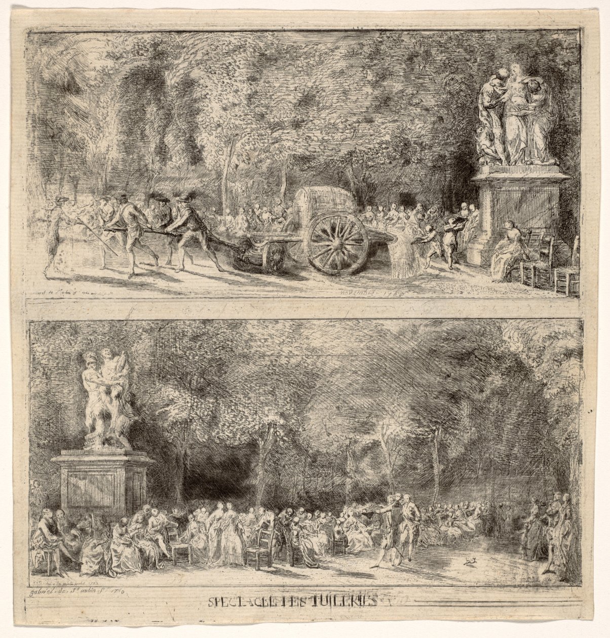 Sceny z Tuileries: Krzesła i wózek wodny, 1760, retusz 1763 autorstwa Gabriel de Saint Aubin
