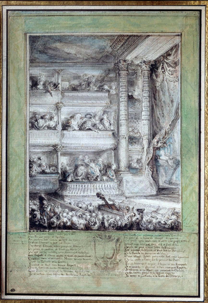 Koronacja Woltera (1694-1778) w Theatre Francais 12.04.1778 Akwarela autorstwa Gabriela Jacquesa de Saint-Aubin (1724-1780) Nd. 0,35x0,24 m Paryż, musee du Louvre autorstwa Gabriel de Saint Aubin