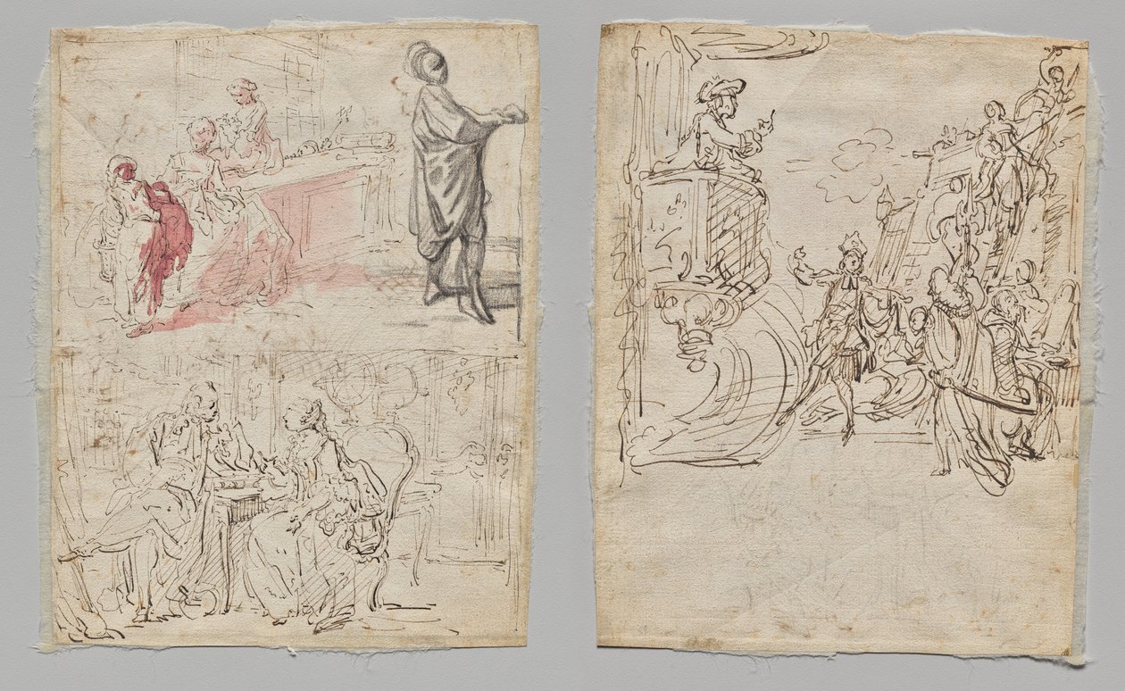 Scena teatralna (rekto); Butik z bielizną i rozmowa (verso) autorstwa Gabriel de Saint Aubin