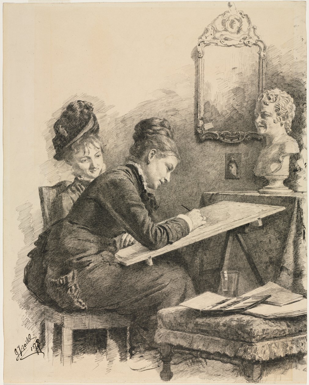 Dwie kobiety szkicujące rzeźbę, 1878. autorstwa Gabriel von Hackl