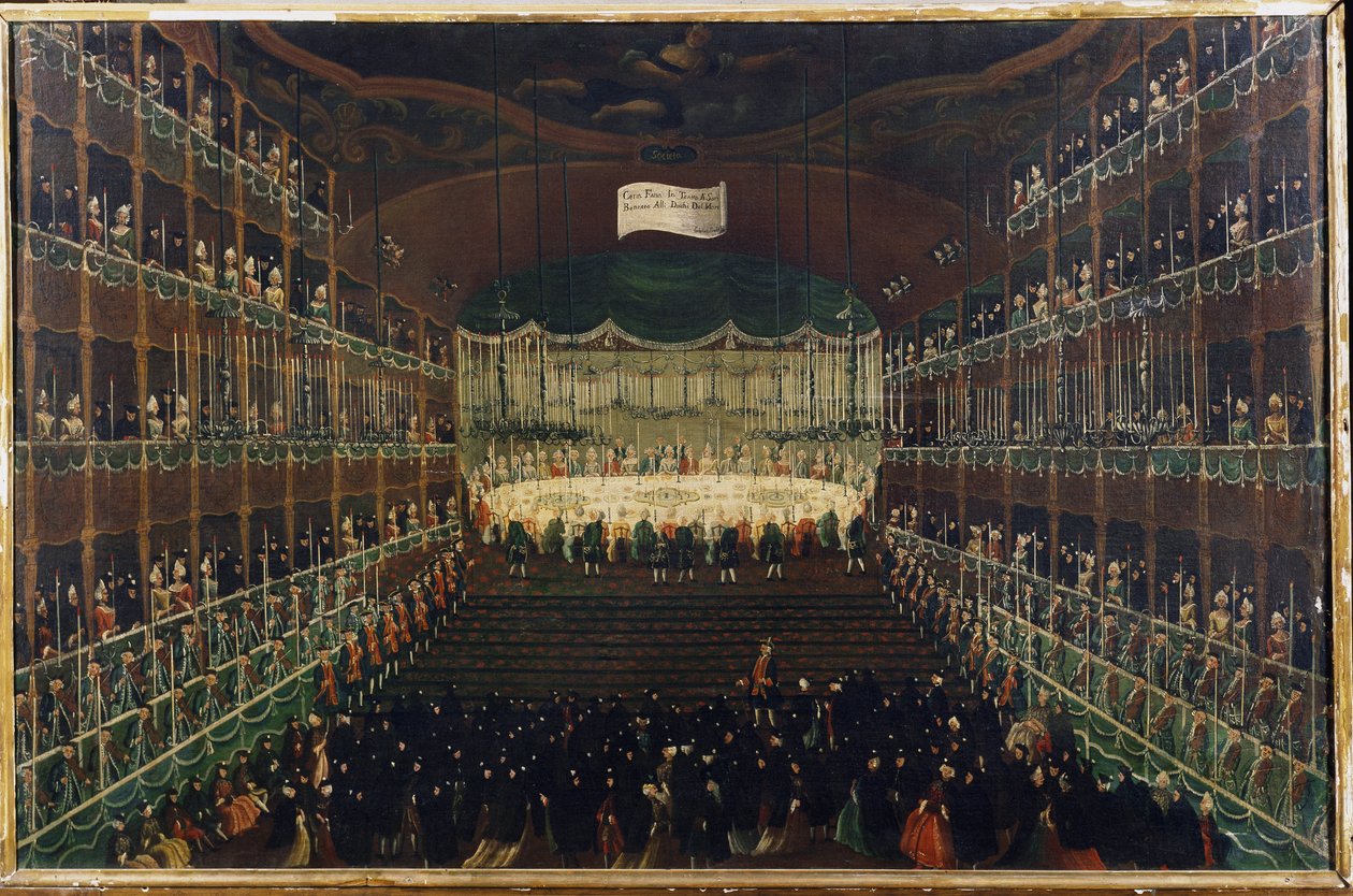 Posiłek w Teatrze San Benedetto - „Przyjęcie na cześć książąt Północy”” Bankiet z udziałem ambasadorów. Obraz Gabriela Belli (1730-1799) XVIII-wieczna Wenecja, Galleria Fondazione Querini Stampalia autorstwa Gabriele Bella