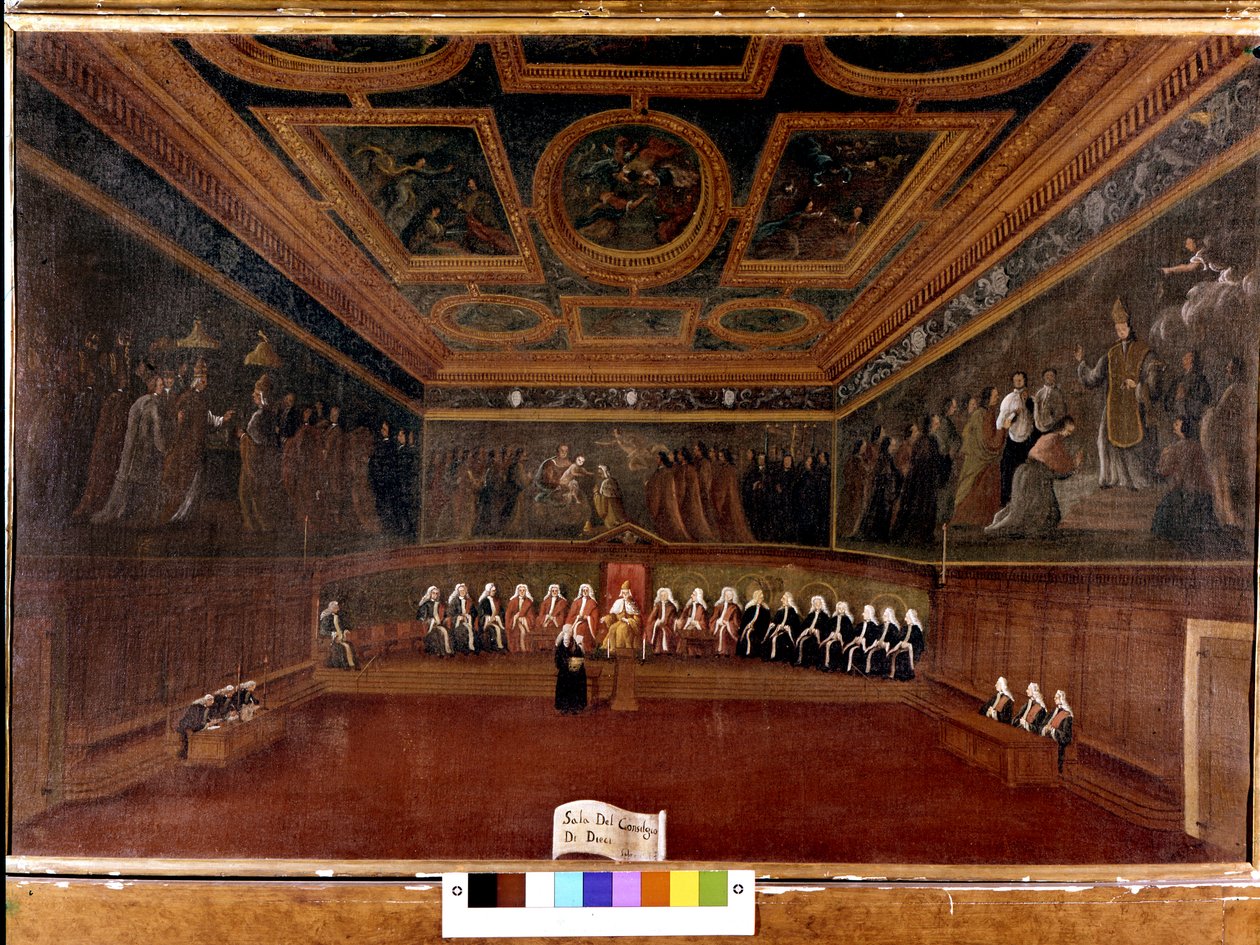Sobór Dziesięciu w Pałacu Dożów w XVIII wieku - Sala Del Consilgio di Dieci 1725 - Sala Rady Dziesięciu, Pałac Dożów, Wenecja (18.) autorstwa Gabriele Bella (1730 - 1799) - Doża i Rada Dziesięć. Muzeum Correra. Wenecja autorstwa Gabriele Bella