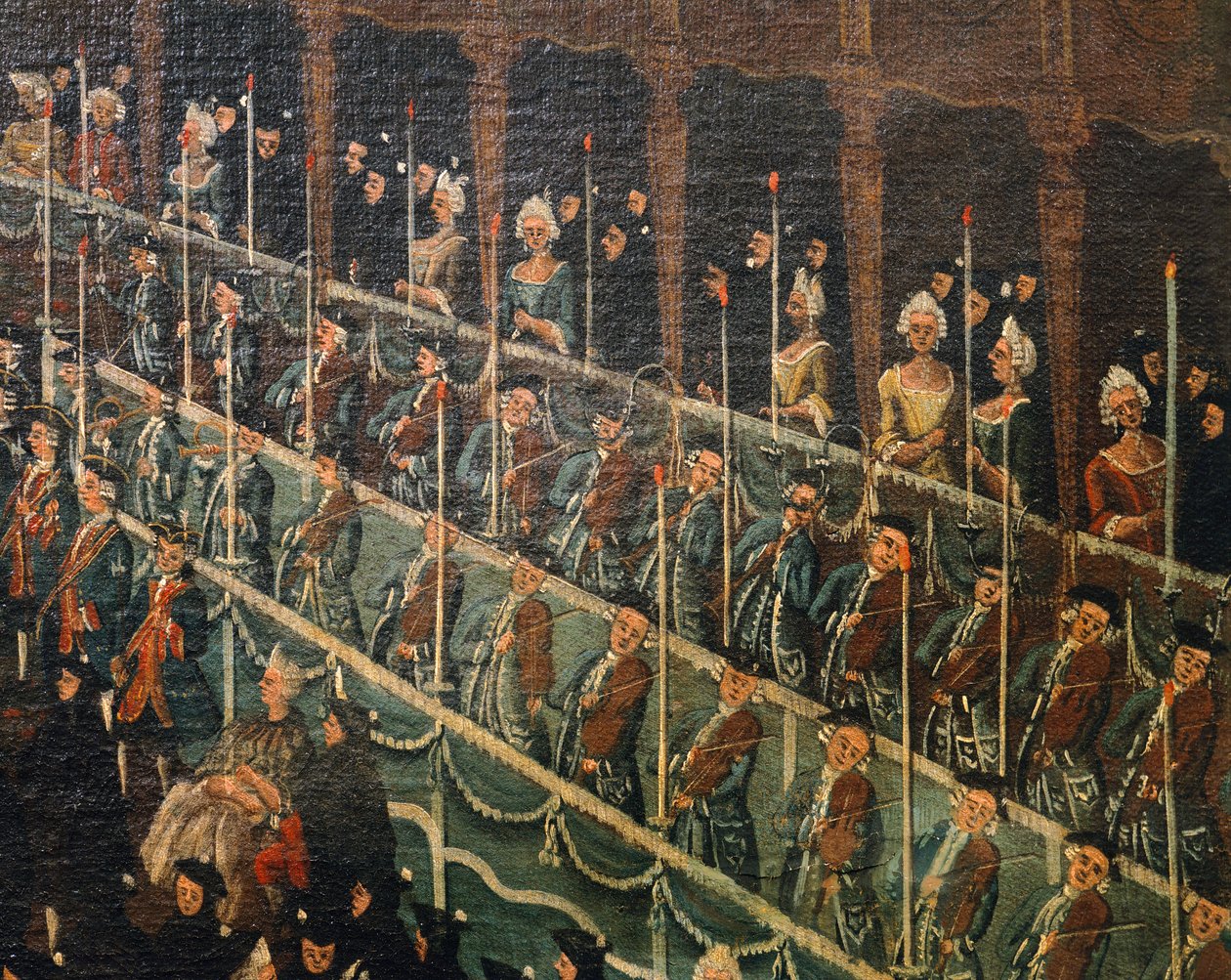 Muzycy, fragment z Lunchu w teatrze San Benito ofiarowanego przez Doge na cześć książąt północy w Wenecji, Gabriel Bella (1730-1799), olej na płótnie autorstwa Gabriele Bella