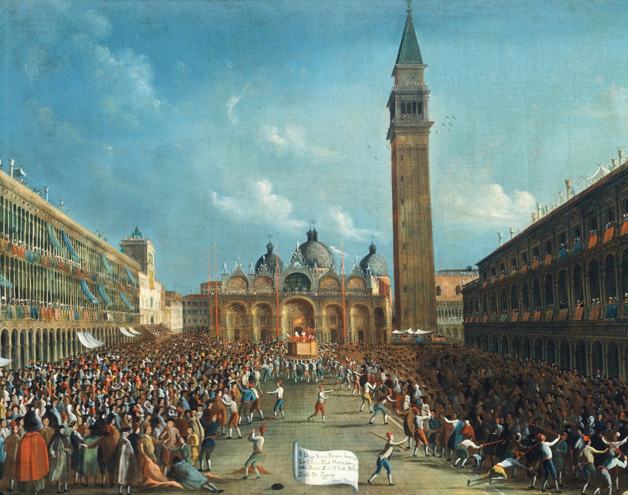 Doża triumfalnie niesiony i rozrzucający pieniądze na Piazza San Marco (Plac Świętego Marka) autorstwa Gabriele Bella