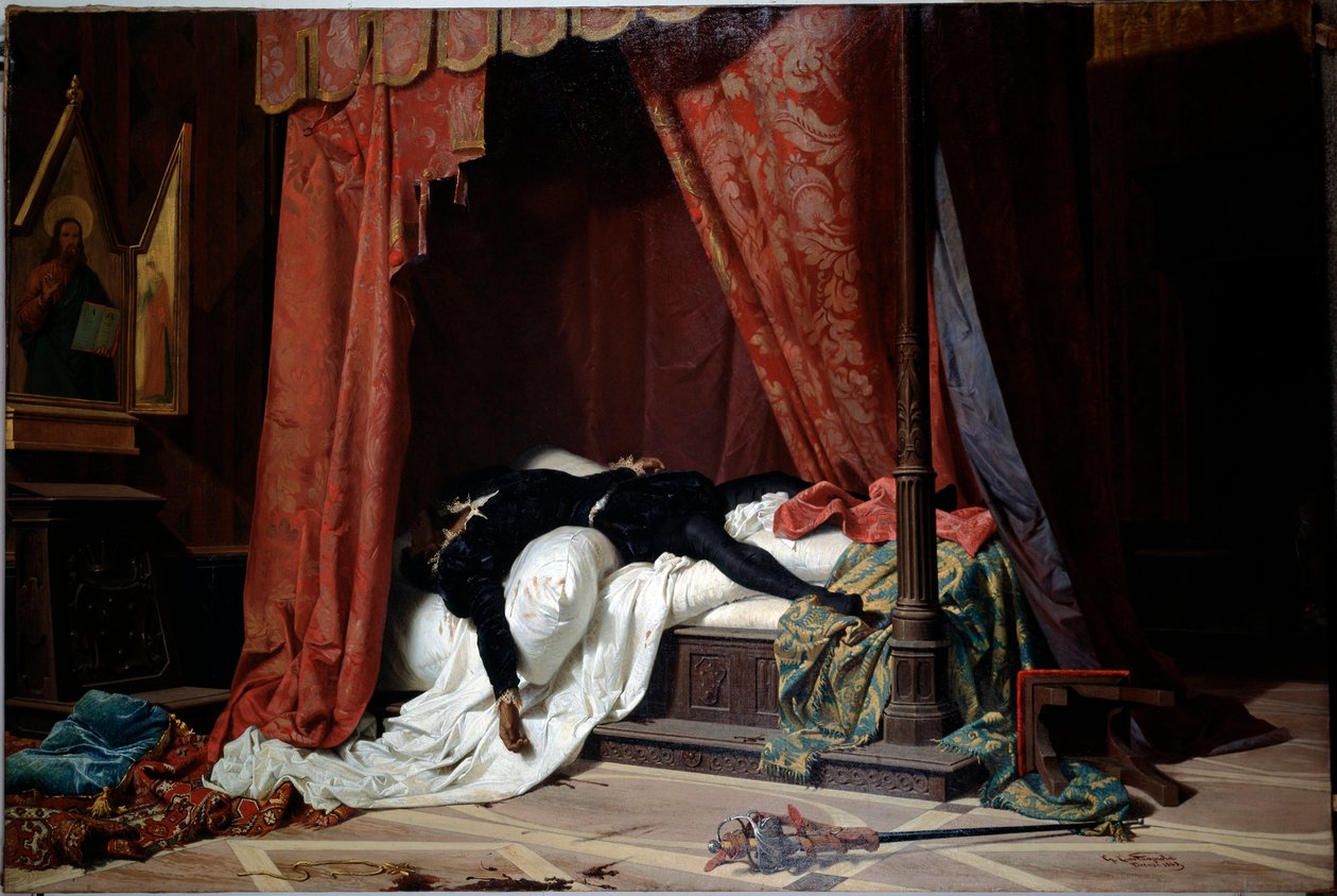 Śmierć księcia Florencji Alessandro de Medici zabitego przez Lorenzino de Medici (olej na płótnie, ok. 1865) autorstwa Gabriele Castagnola