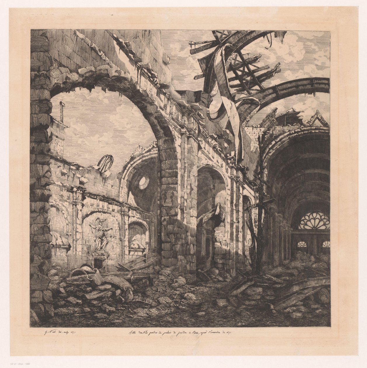 Ruïne van de Salle des Pas Perdus w Paryżu na de brand van 1871 Salle des pas perdus Pałacu Sprawiedliwości w Paryżu po pożarze w 1871 r. (tytuł na obiekcie) autorstwa Gabrielle Marie Niel