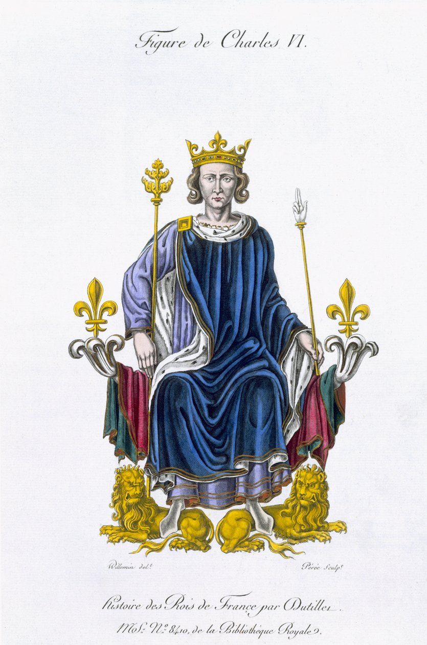 Figura Karola VI, grawerowana przez Amedee Peree, z „Histoire des Rois de France” (kolor lito) autorstwa Gabrielle Willemin