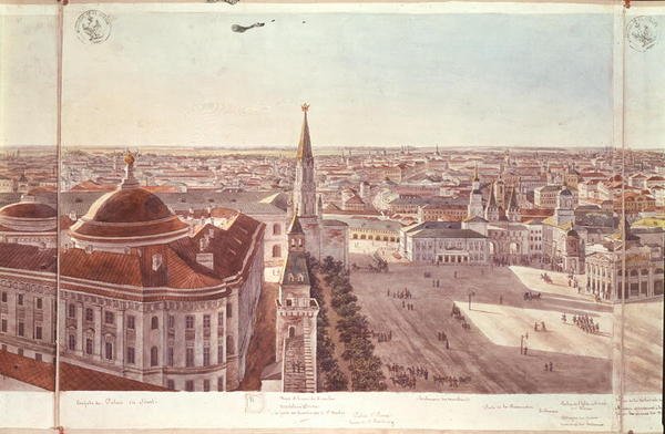 Panorama Moskwy, przedstawiająca dawny Pałac Senatu (obecnie Kancelarię Rady Ministrów), fortyfikacje Kremla i Plac Czerwony, 1819 (wc na papierze) (zob. 170139-170146) autorstwa Gadolle
