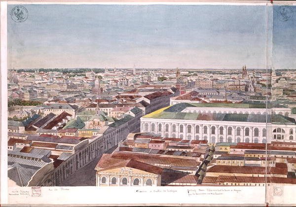 Panorama Moskwy, przedstawiająca dawny rynek i giełdę w Gostinym Dworze, 1819 (wc na papierze) (zob. 170139-170146) autorstwa Gadolle