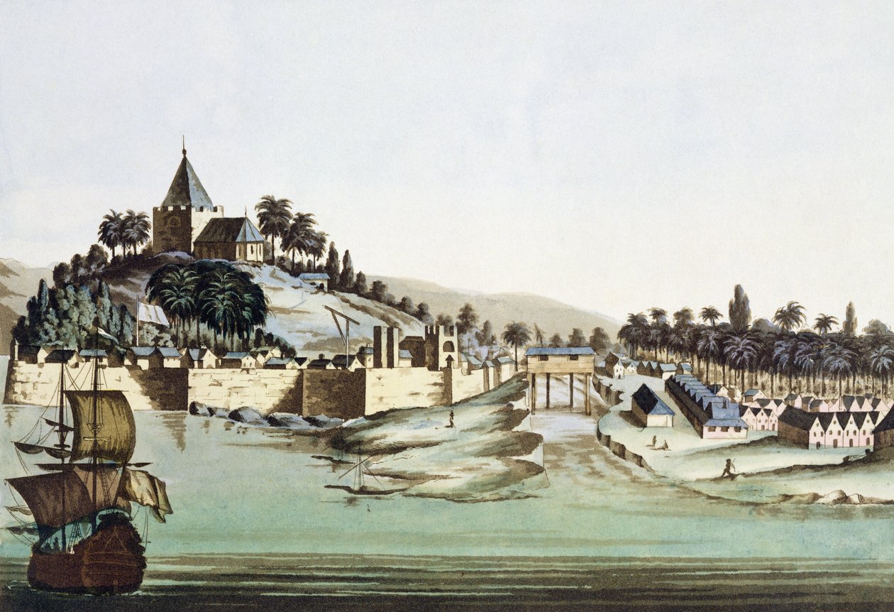 Port i miasto Malakka, Malezja, ilustracja z „Le Costume Ancien et Moderne” Giulio Ferrario, wydana ok. 1820-30 autorstwa Gaetano Zancon
