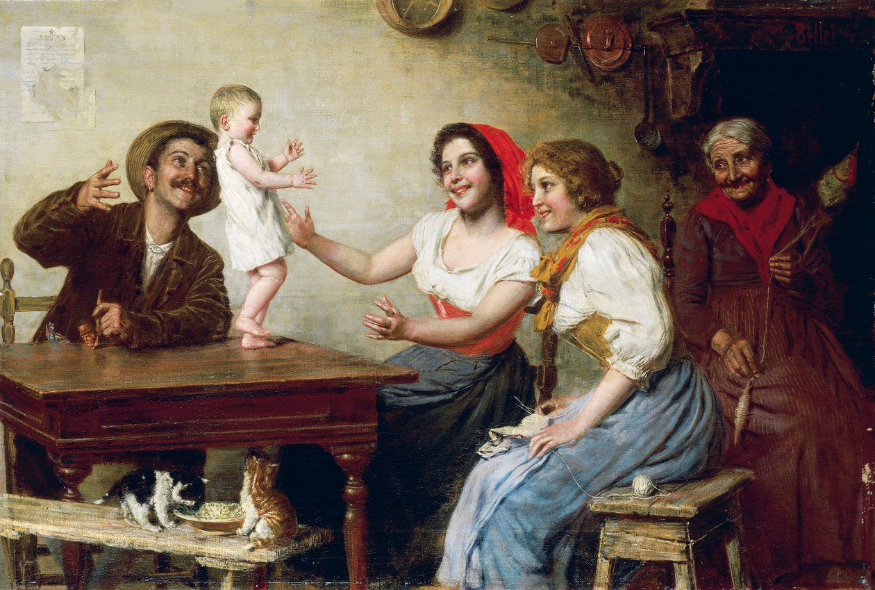 Pierwsze kroki, Gaetano Bellei (1857-1922), olej na płótnie, 55x82,5 cm autorstwa Gaetano Bellei