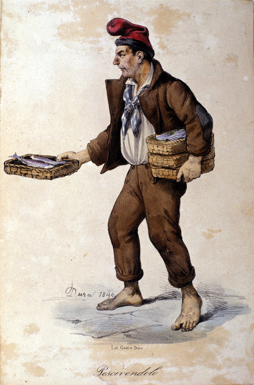 Małe metiery Neapolu: sprzedawca ryb (handlarz ryb). Litografia F. Dura autorstwa Gaetano Dura