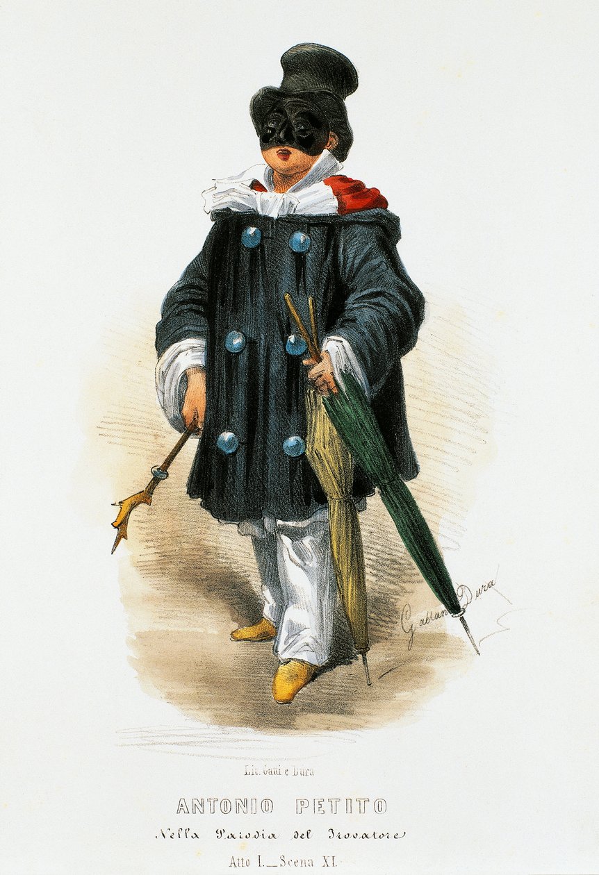 Aktor Antonio Petito (1822-1876) w stroju teatralnym w parodii Trubadur, litografia Gaetano Dury (1805-1874) autorstwa Gaetano Dura