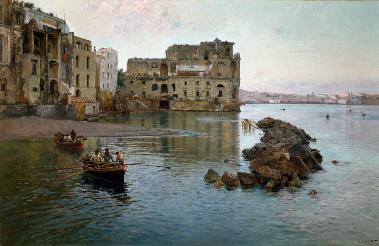 Brzeg morza w Neapolu. Obraz Gaetano Esposito (1858-1911) autorstwa Gaetano Esposito