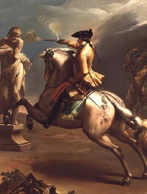 Alegoria: Młody jeździec strzelający z pistoletu do pomnika starca autorstwa Gaetano Gandolfi