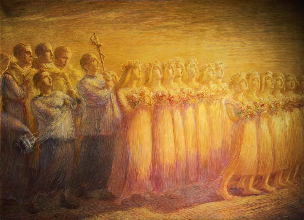 Pogrzeb dziewicy, Gaetano Previati (1852-1920), Fragment prawej strony autorstwa Gaetano Previati