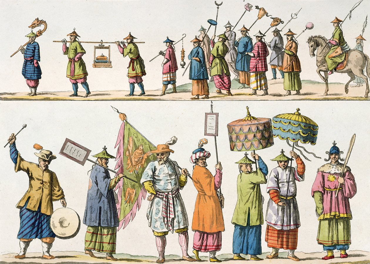 Główni uczestnicy procesji cesarza chińskiego, ilustracja z „Le Costume Ancien et Moderne” Giulio Ferrario, wydana w latach 1820-30-tych autorstwa Gaetano Zancon