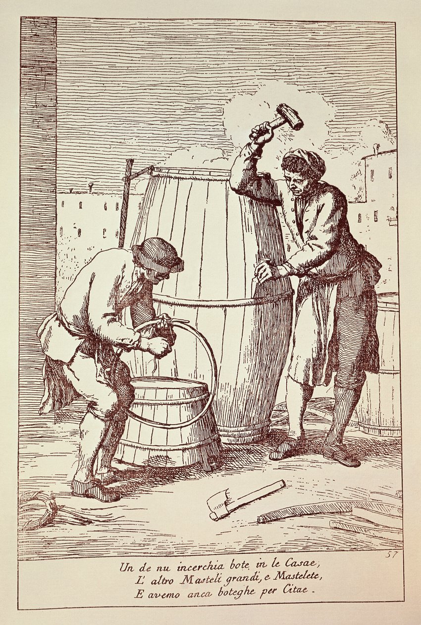 Coopers at work, Grawerowanie autorstwa Gaetano Gherardo Zompiniego (1700-1778) z Sztuka życia codziennego w Wenecji, Włochy autorstwa Gaetano Zompini
