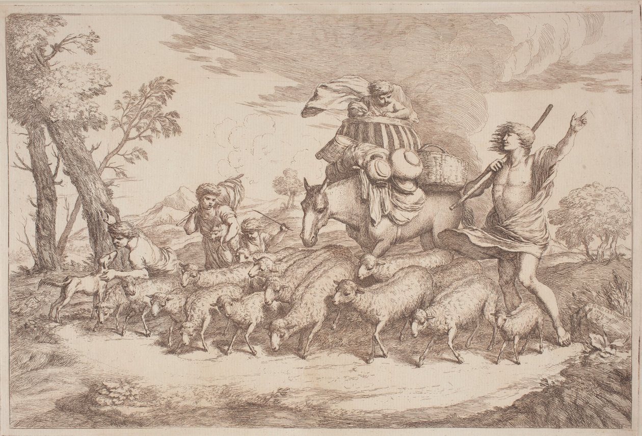 Wędrówka duszpasterska z dzieckiem w koszyku na koniu autorstwa Gaetano Zompini, after Giovanni Benedetto Castiglione