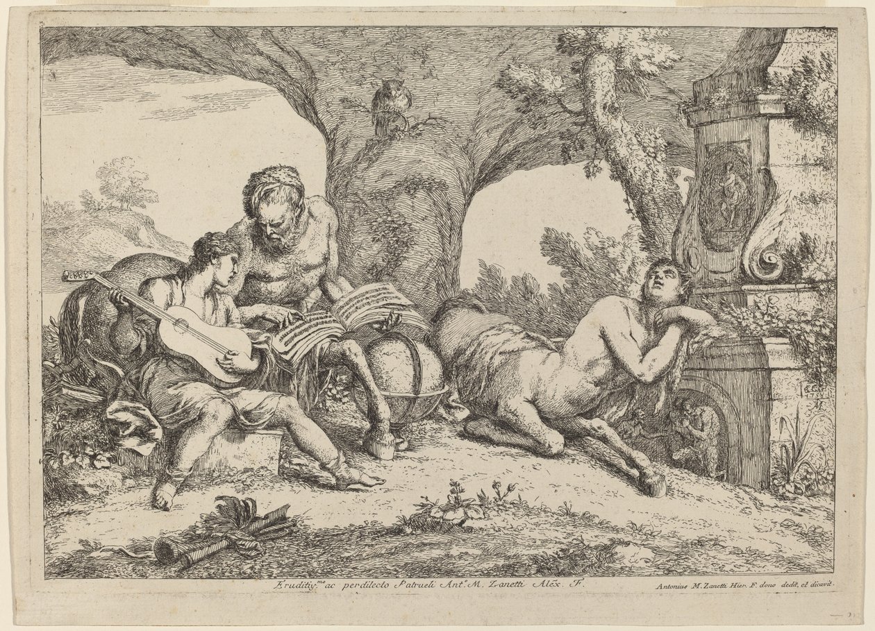Chiron uczy muzyki Achillesa autorstwa Gaetano Zompini after Giovanni Benedetto Castiglione