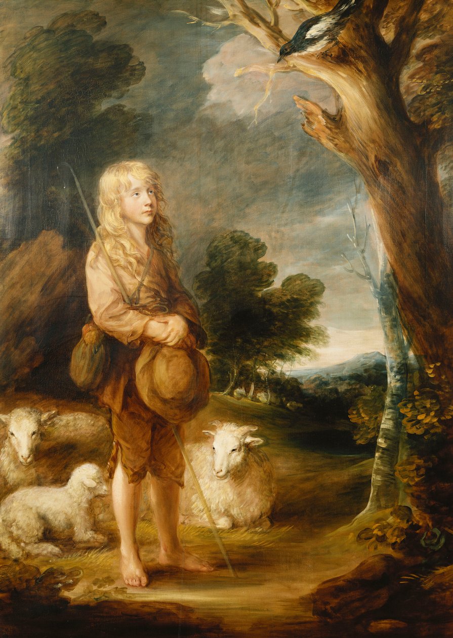 Zalesiony krajobraz z pasterzem słuchającym sroki i trzema owcami, autorstwa Gainsborough Dupont