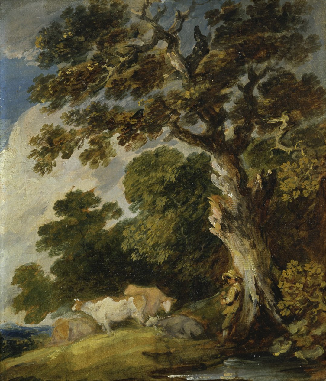 Zalesiony pejzaż z bydłem i pasterzami (olej na papierze na płótnie) autorstwa Gainsborough Dupont