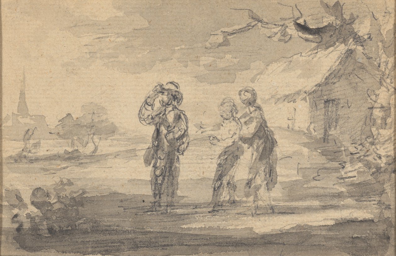 Paisagem com três figuras, casa de campo e spirepolish de igreja autorstwa Gainsborough Dupont