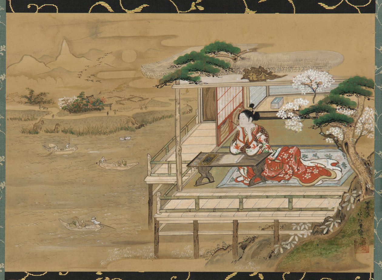 Murasaki Shikibu w proszku mpo nowa herbata g tae f Genji at Ishiyamadera, Edo Perio d, 19 linia. autorstwa Gakutei