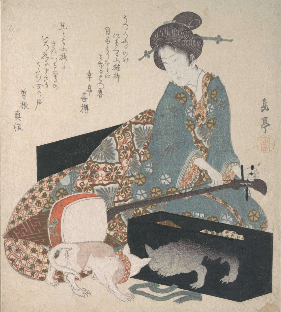 Kobieta strojąca Shamisen i kot patrzący na własne odbicie, połowa lat 20. XIX wieku. autorstwa Gakutei