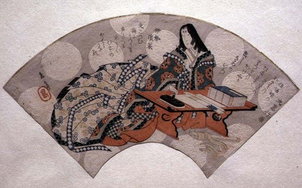 Tusz do preparacji Court Lady, wzór na wachlarz, ok. 1818-30 (drewnodruk) autorstwa Gakutei Harunobu