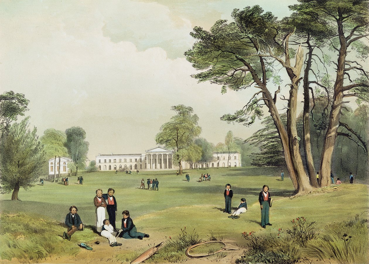 Protestanckie gimnazjum i kaplica dysydentów, Mill Hill, Middlesex, zaczerpnięte z natury przez D. Fowlera ok. 1830 autorstwa Gale Robert Leake
