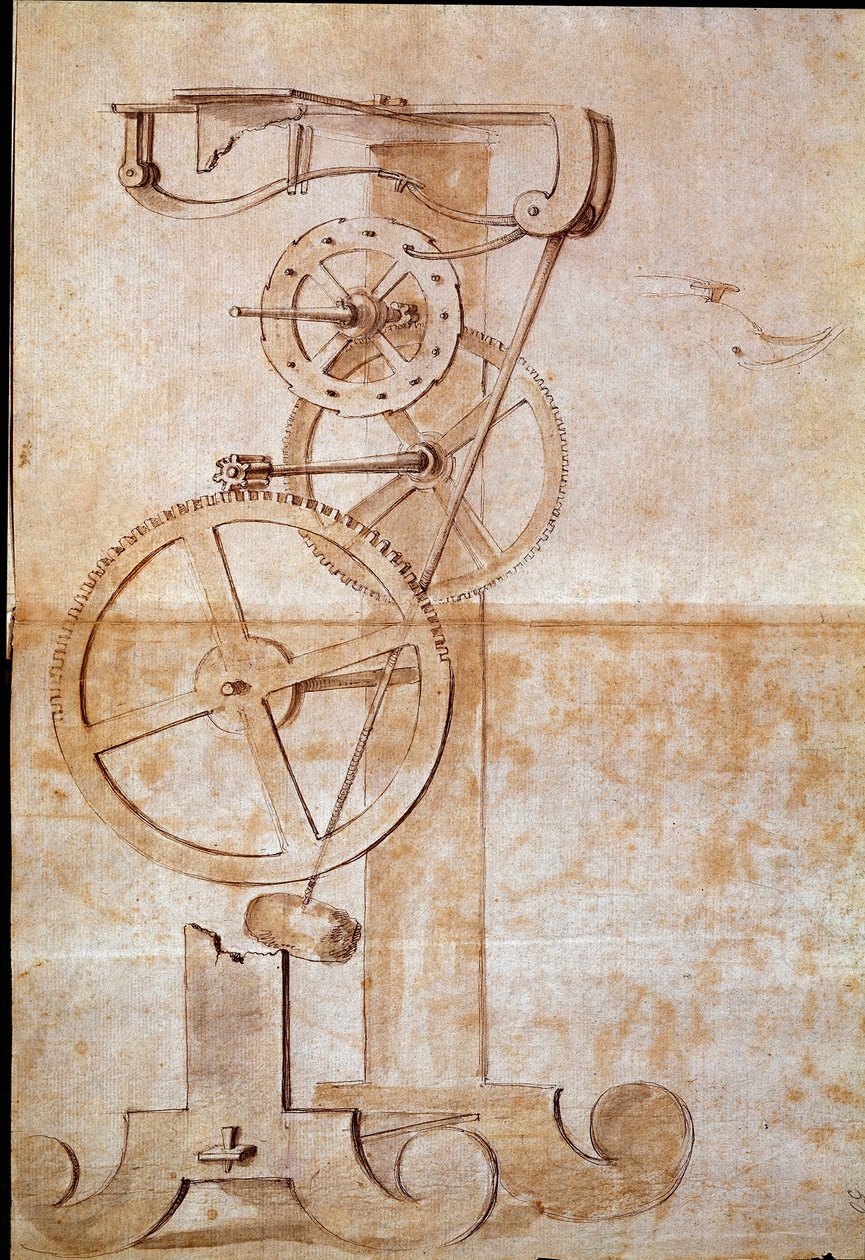 Zegar wahadło ważenia zbadane przez włoskiego astronoma i fizyka Galileo Galilei dit Galilee (1564-1642) w 1638 roku w celu pomiaru czasu. Rysunek. Florencja, Biblioteka Narodowa autorstwa Galileo Galilei