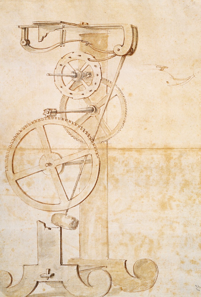 Rysunek zegara wahadłowego Galileusza, rękopis Galileo Galilei (1564-1642), 85 gal, f 50 r. autorstwa Galileo Galilei