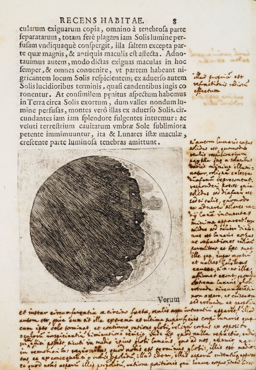 Sidereus Nuncius (Starry Messenger) z rysunkami faz i powierzchni Księżyca autorstwa Galileo Galilei