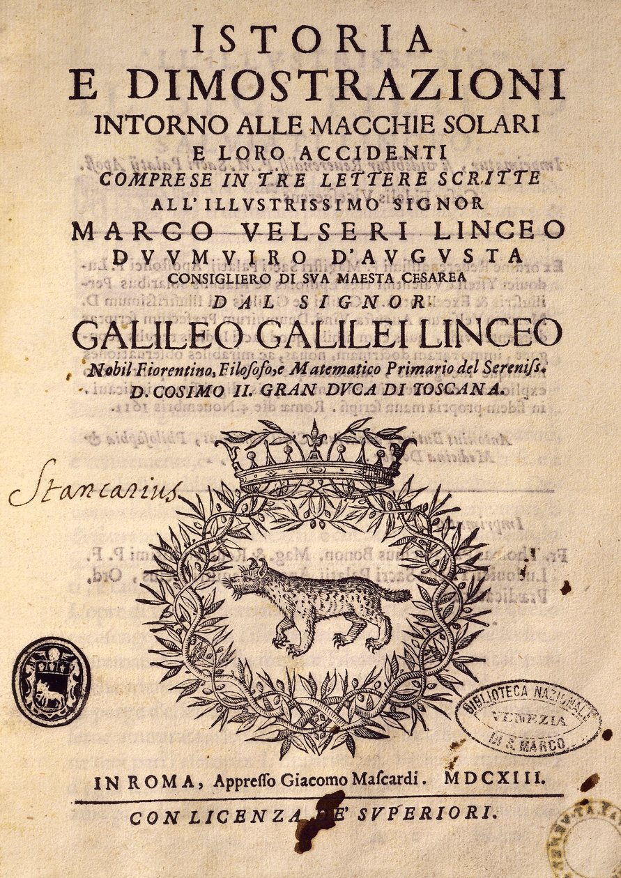 Strona tytułowa Historii i pokazy dotyczące plam słonecznych i ich właściwości autorstwa Galileo Galilei