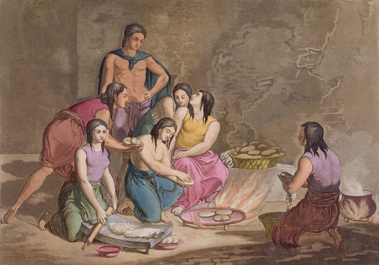 Aztekki wypiekające chleb kukurydziany, Meksyk, z „Le Costume Ancien et Moderne”, tom II, płyta 82, Jules Ferrario, wydana ok. 1820-30 (kolorowa grawerunek) autorstwa Gallo Gallina