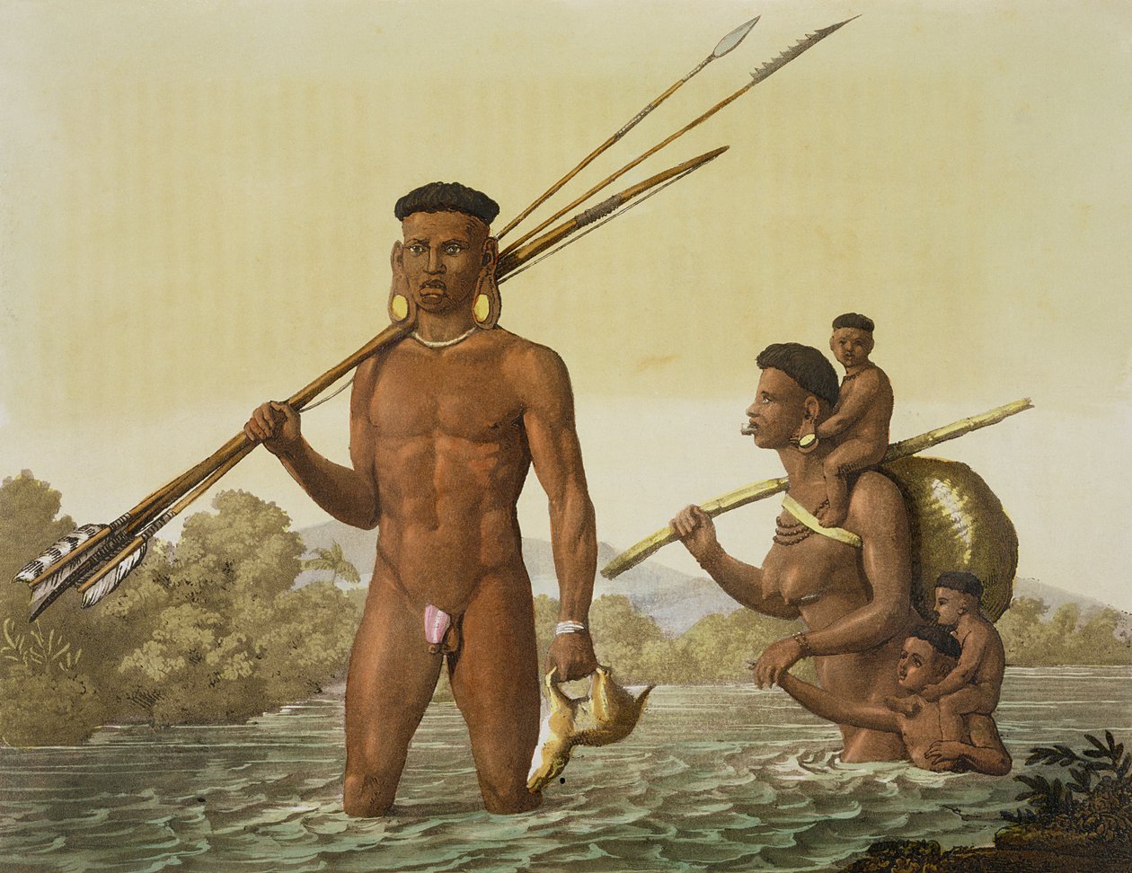 Rodzina Botocudos, Rio Grande, Brazylia, z „Le Costume Ancien et Moderne”, tom II, płyta 37, autorstwa Julesa Ferrario, wydana w latach 1820-30 (patrz także 84784) autorstwa Gallo Gallina