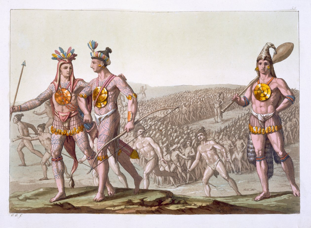 Wódz Outina, Wróg Saturiby, przechadza się wśród swoich zwolenników, płyta 58 z „Le Costume Ancien et Moderne” Julesa Ferrario, wydana ok. 1820-30 autorstwa Gallo Gallina