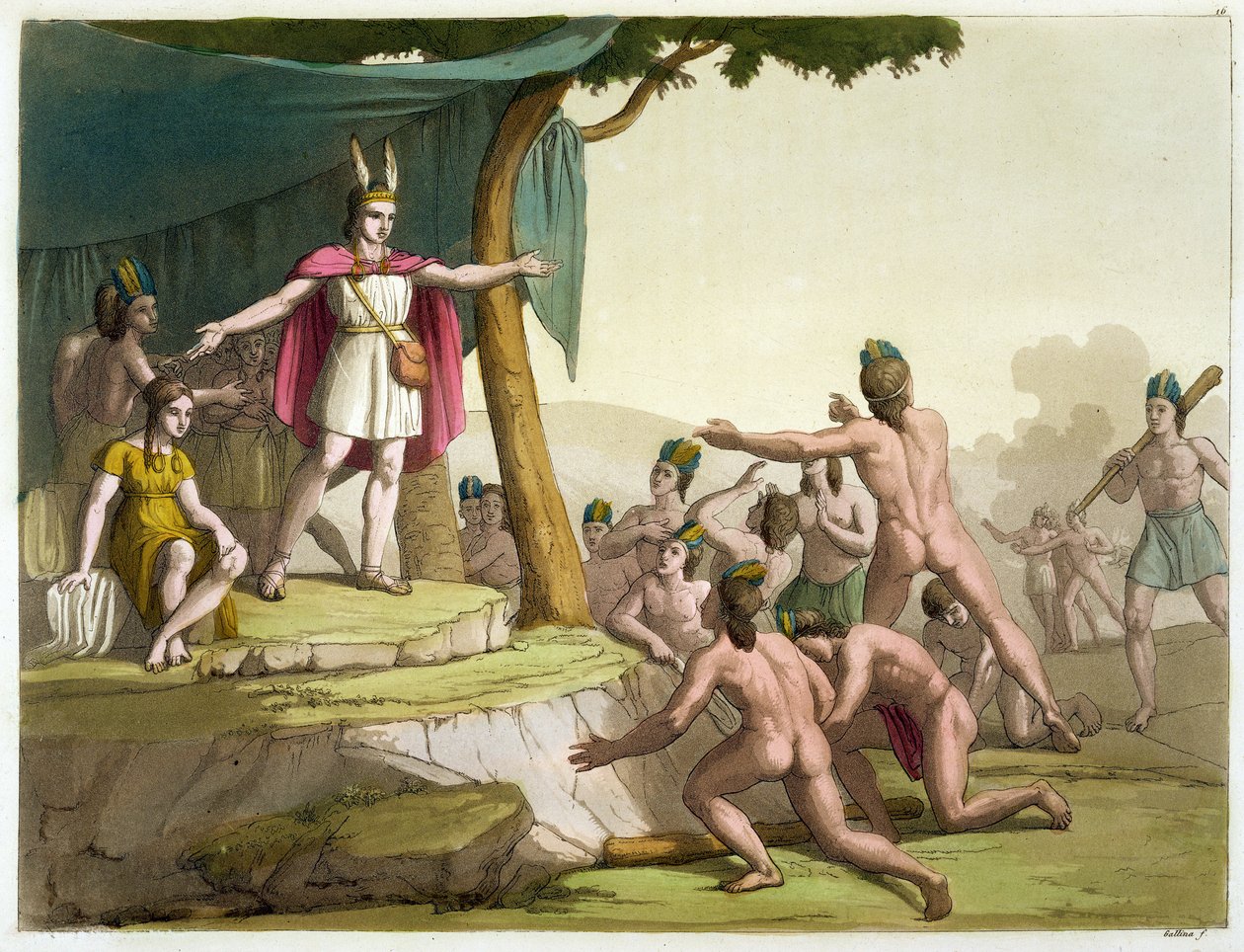 Król Manco Capac i królowa Coya Mama odbierają hołd z „Le Costume Ancien et Moderne”, tom I, płyta 16, Julesa Ferrario, wydanego ok. 1820-30 (kolorowe grawerowanie) autorstwa Gallo Gallina